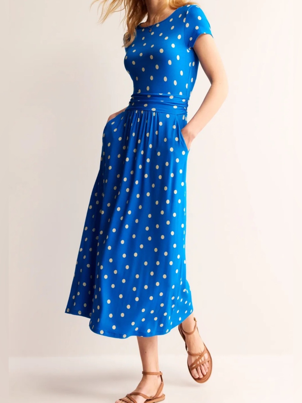 Boden Amelie Jersey Short Sleeve Midi Dress in Blue White Polka Dots Size 16/18